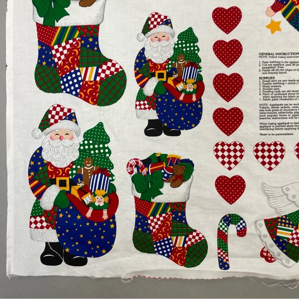 Vintage Christmas Applique Fabric Panel No Sew Patchwork Santa Angel Hearts #K15